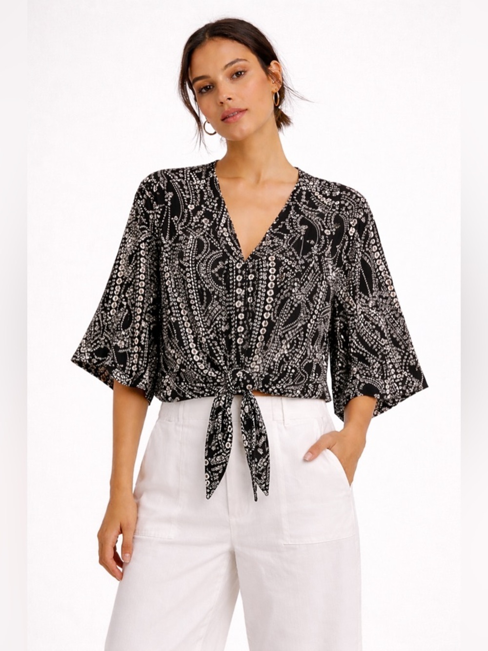 INC International Concepts Floral Black and White Top Size Large